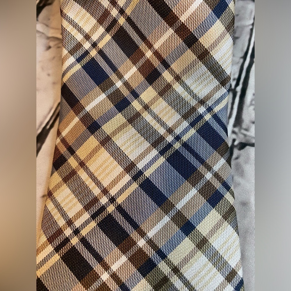 Alfani Brown Blue Cream Plaid 100% Silk Mens 60” Long Neck Tie